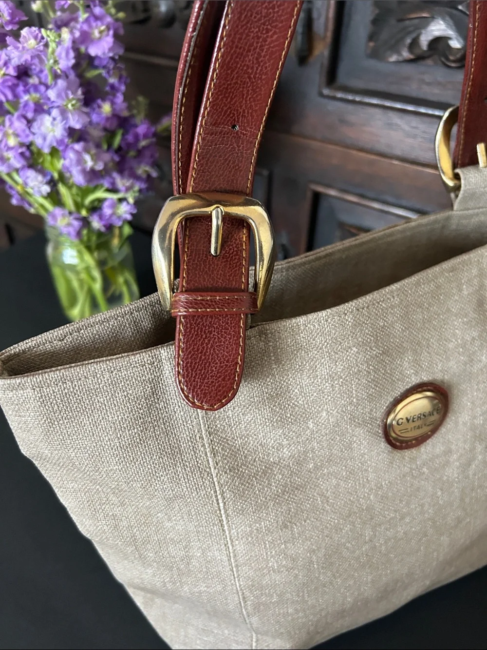 Beautiful Beige Canvas Tote with Brown Leather Straps